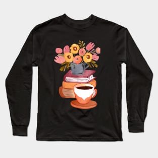 Cute Watercolor Books Flowers and Coffee Cup Long Sleeve T-Shirt